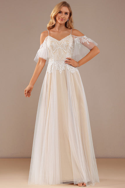 Robe Trapèze Blanche Dentelle Tulle Volants - gallery 3