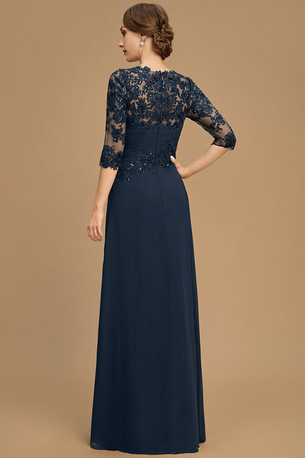 Robe Trapèze Bleue Marine Longue Dentelle - gallery 1