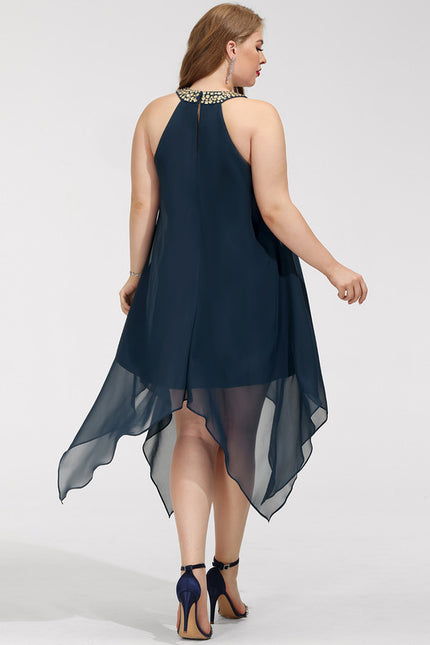 Robe Trapèze Bleue Navy Perlée Asymétrique - gallery 7
