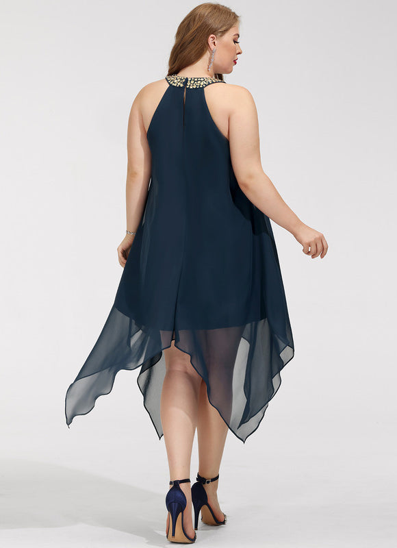 Robe Trapèze Bleue Navy Perlée Asymétrique - gallery 7
