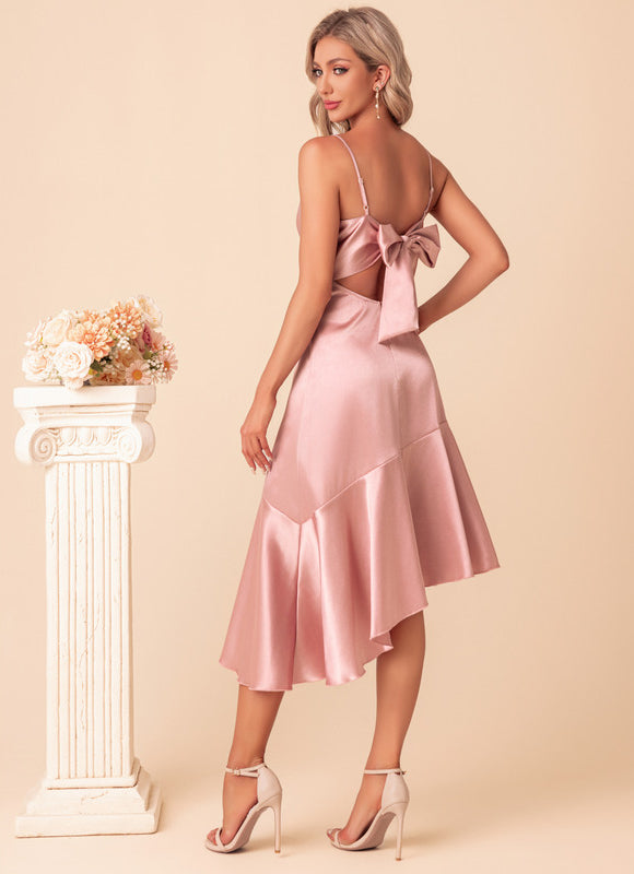 Robe Trapèze Rose Pastel Satin Mi-Longue - gallery 5