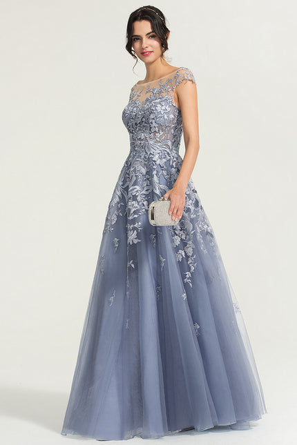 Robe Trapèze Bleu Pastel Soirée Longue En Tulle And Dentelle - gallery 6