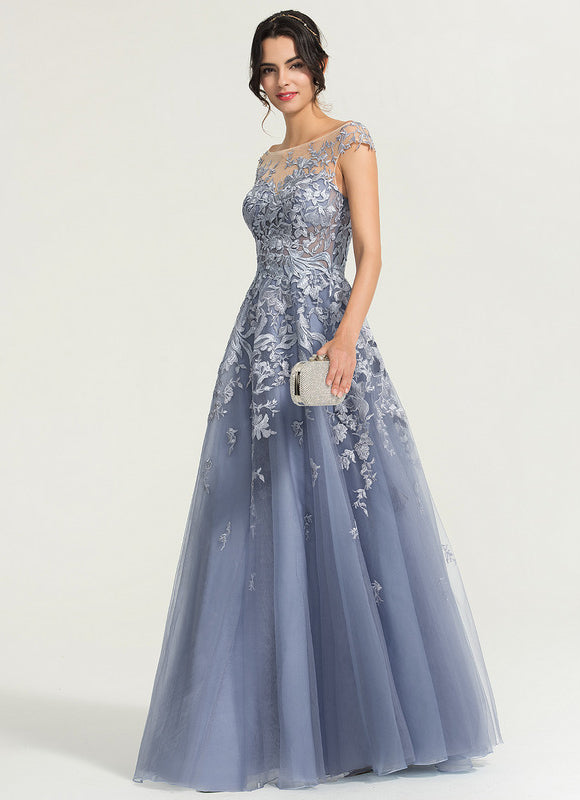 Robe Trapèze Bleu Pastel Soirée Longue En Tulle And Dentelle - gallery 6