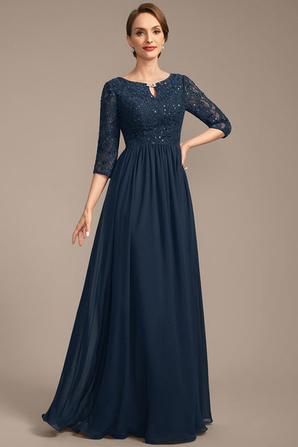 Robe Trapèze Bleu Marine Longue Dentelle Chandail Mariée - gallery 4