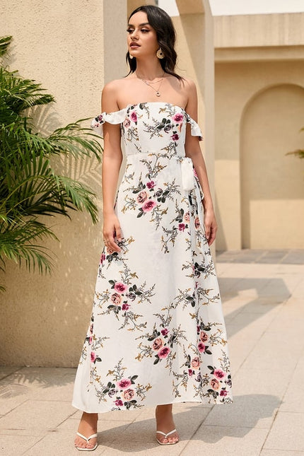 Robe Trapèze Fleur Écru Maxi