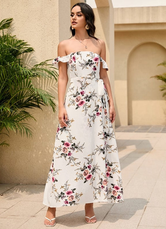 Robe Trapèze Fleur Écru Maxi