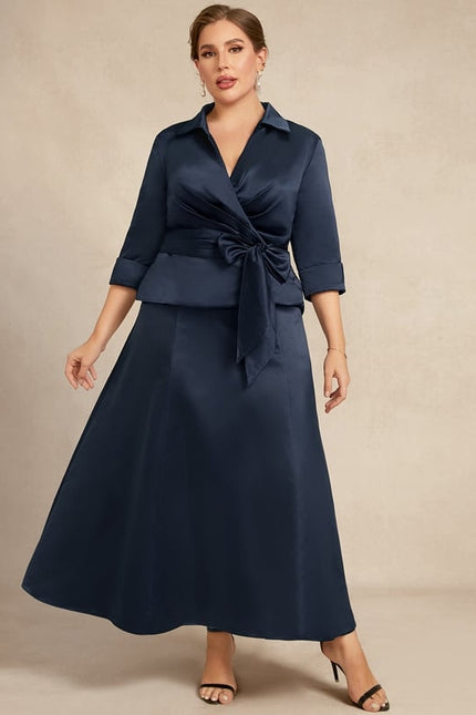 Robe Trapèze Bleu Marine Satin Longue À Nœud - gallery 7