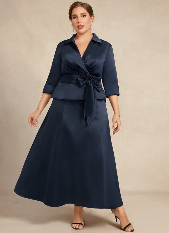 Robe Trapèze Bleu Marine Satin Longue À Nœud - gallery 7