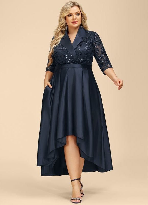 Robe Trapèze Bleue Satin Dentelle Paillettes - gallery 7