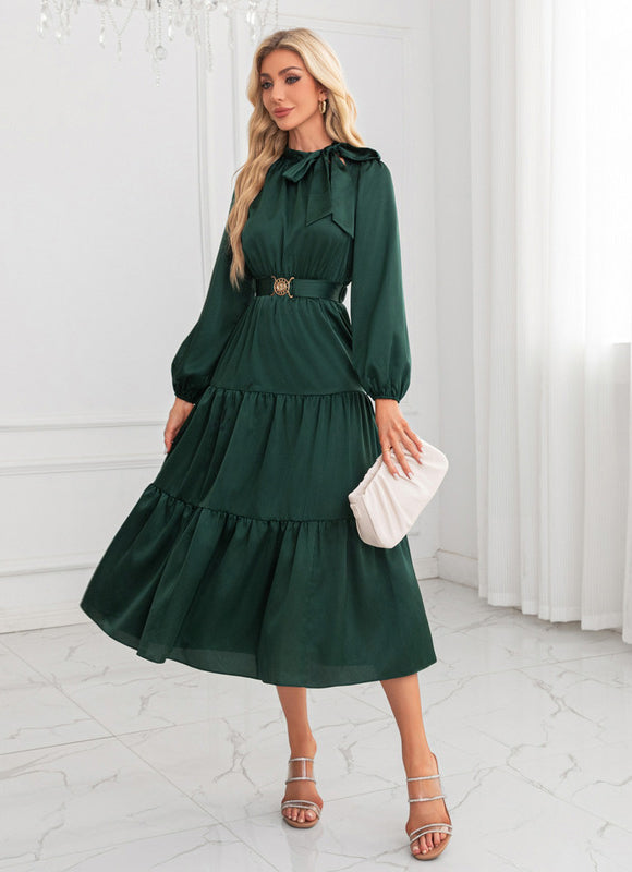 Robe Trapèze Vert Rétro Élégant - gallery 2