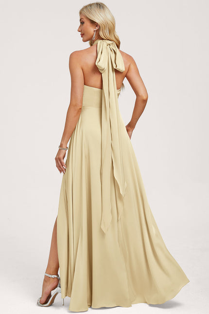 Robe Trapèze Beige Satin Décolleté Asymétrique - gallery 5