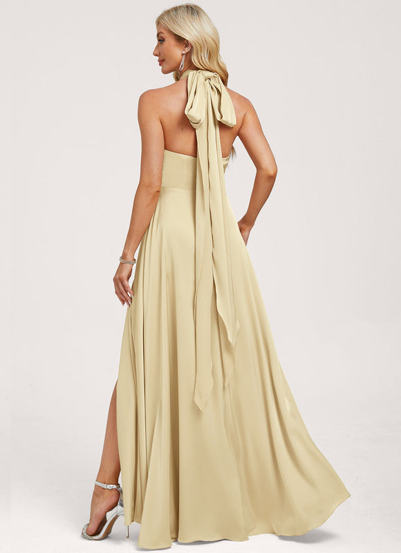Robe Trapèze Beige Satin Décolleté Asymétrique - gallery 5