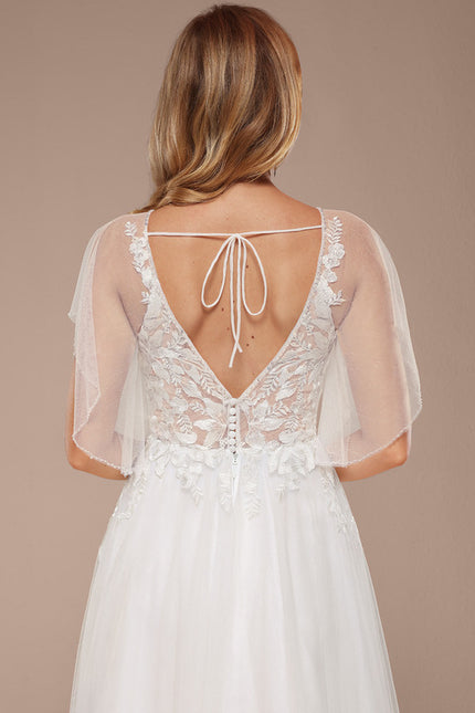 Robe Trapèze Blanche En Tulle Et Dentelle - gallery 1