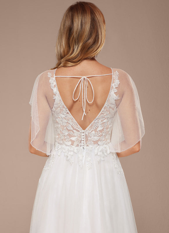 Robe Trapèze Blanche En Tulle Et Dentelle - gallery 1