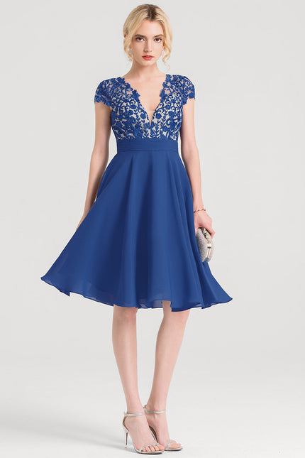 Robe Trapèze Bleue Dentelle Mousseline Volants - gallery 2