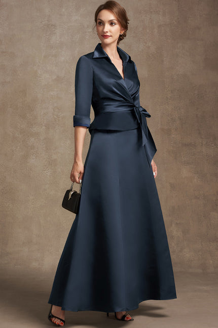 Robe Trapèze Bleu Marine Satin Longue À Nœud - gallery 4