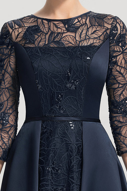 Robe Trapèze Bleue Marine Satin Dentelle Paillettes - gallery 5