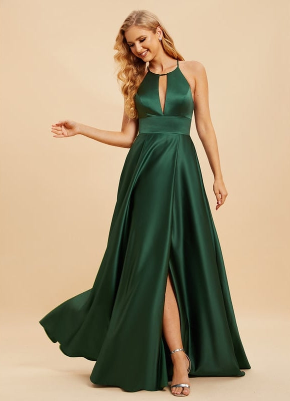 Robe Trapèze Vert Satin Longue