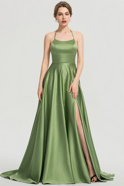 Robe Trapèze Vert Satin Bal Balayant