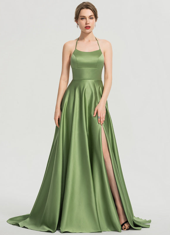 Robe Trapèze Vert Satin Bal Balayant