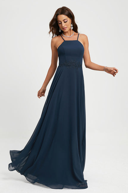 Robe Trapèze Bleue Marine Dentelle Mousseline Soirée - gallery 4