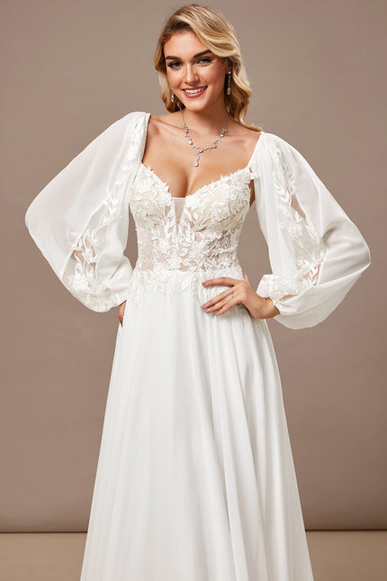 Robe Trapèze Blanche Dentelle Voile Balayage - gallery 5