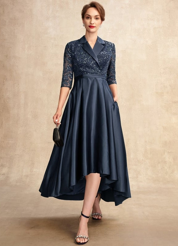Robe Trapèze Bleue Satin Dentelle Paillettes