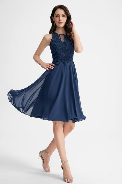 Robe Trapèze Bleue Dentelle Perles Cocktail - gallery 5
