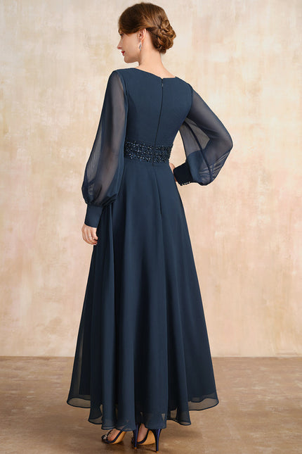 Robe Trapèze Bleu Marine Longue Mousseline Volants Perles Paillettes - gallery 5