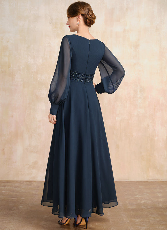 Robe Trapèze Bleu Marine Longue Mousseline Volants Perles Paillettes - gallery 5