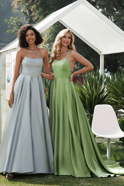 Robe Trapèze Vert Satin Bal Balayant - gallery 4