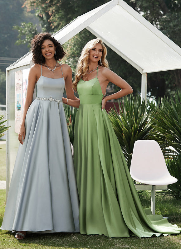 Robe Trapèze Vert Satin Bal Balayant - gallery 4