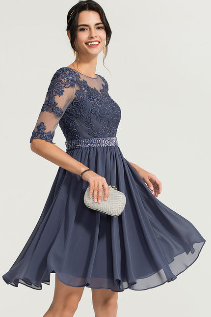 Robe Trapèze Bleue Dentelle Perles Cocktail - gallery 3