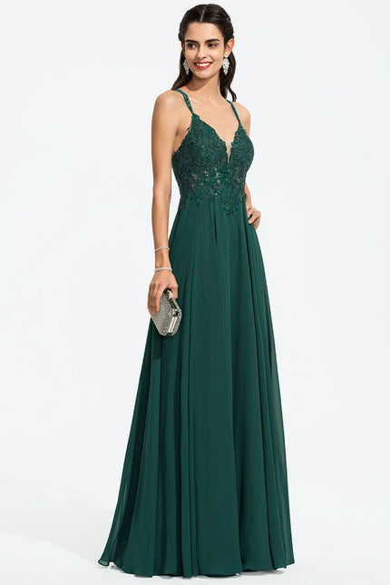 Robe Trapèze Verte En Mousseline Avec Perles Et Paillettes - gallery 5