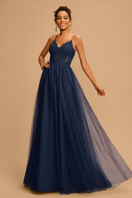 Robe Trapèze Bleu Marine Tulle Longue Strass - gallery 4