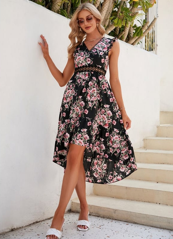 Robe Trapèze Fleur Noire Élégante