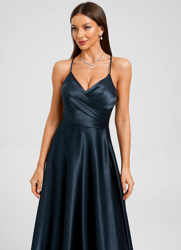 Robe Trapèze Satin Bleu Profond - gallery 1
