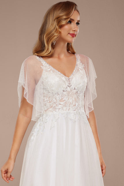 Robe Trapèze Blanche En Tulle Et Dentelle - gallery 5