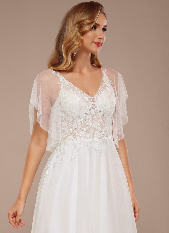 Robe Trapèze Blanche En Tulle Et Dentelle - gallery 5