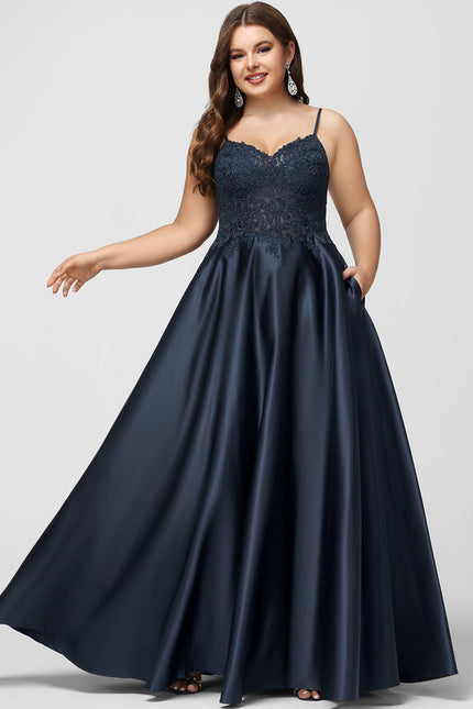 Robe Trapèze Bleu Marine Satin Dentelle Strass - gallery 6