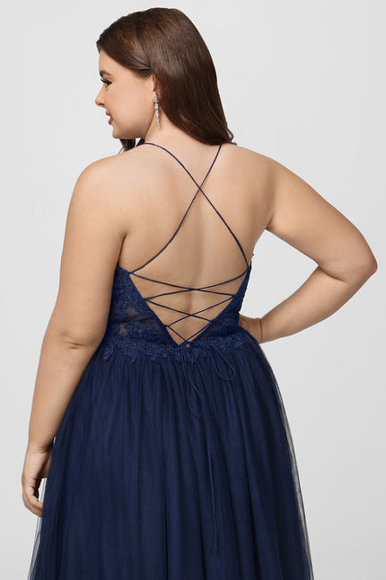Robe Trapèze Bleu Marine Tulle Longue Strass - gallery 9
