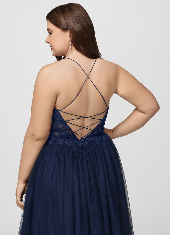 Robe Trapèze Bleu Marine Tulle Longue Strass - gallery 9