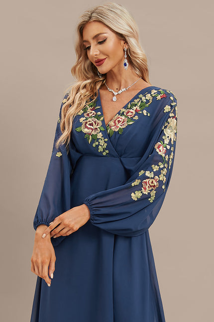 Robe Trapèze Bleue Marine Florale Dentelle Soirée - gallery 1