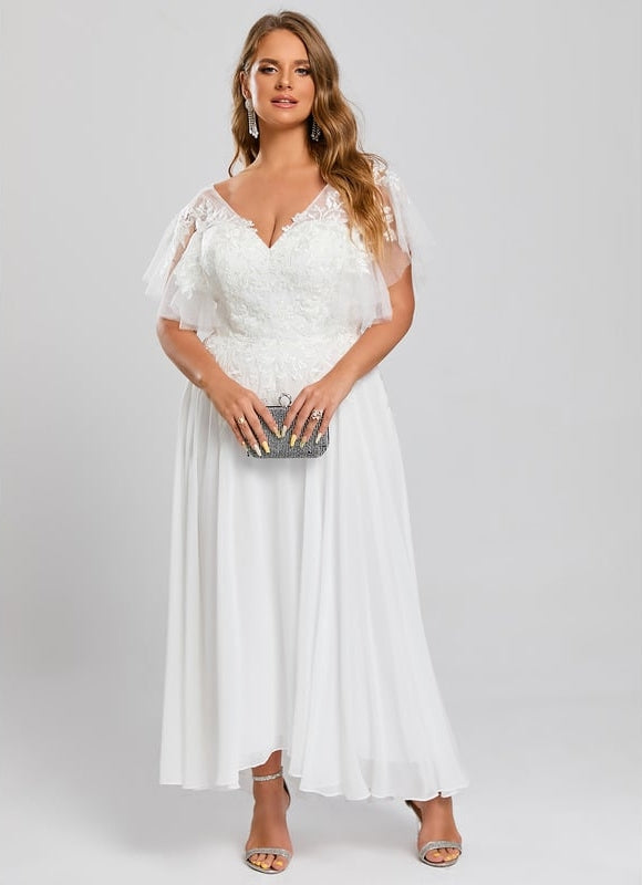 Robe Trapèze Beige Dentelle Tulle Volants Mariage - gallery 9