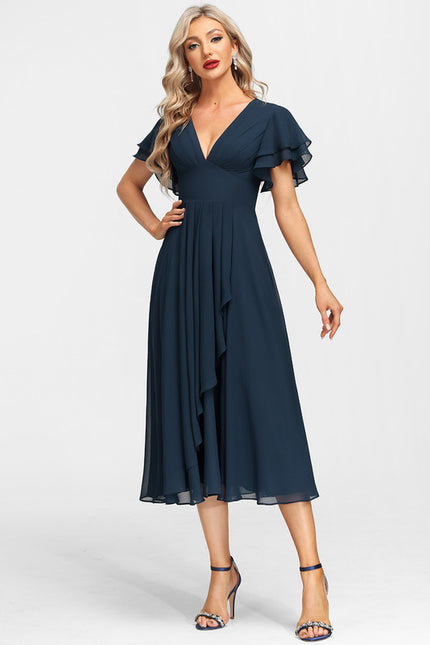Robe Trapèze Bleu Marine Mousseline Volants - gallery 1