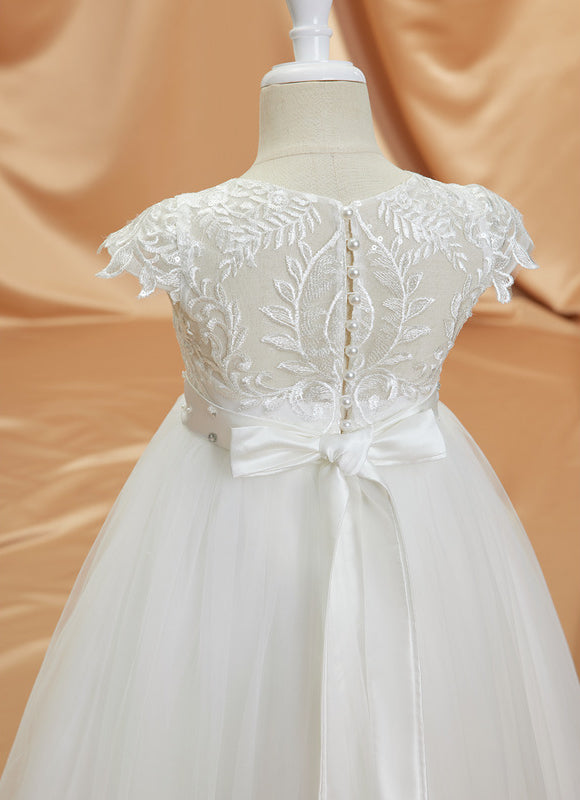 Robe Trapèze Blanche Dentelle Mariage Fille - gallery 3