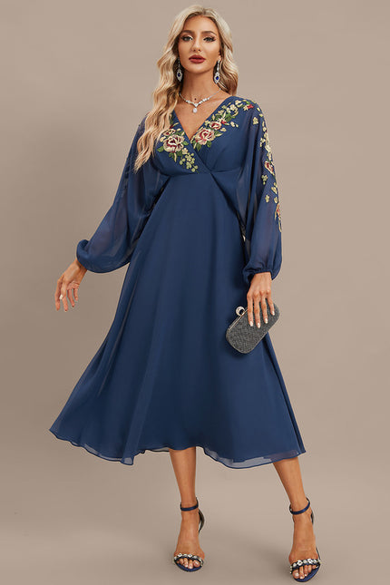 Robe Trapèze Bleue Marine Florale Dentelle Soirée
