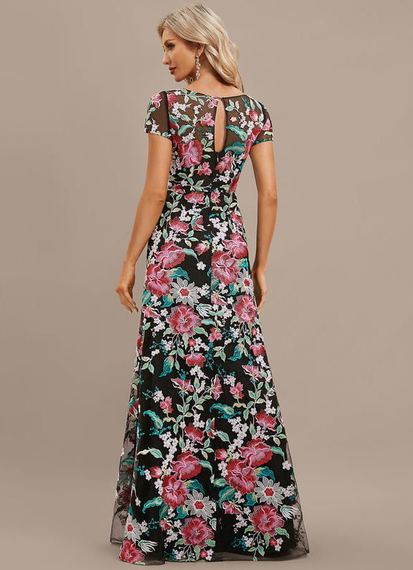 Robe Trapèze Noire Fleurie Satin Dentelle - gallery 8