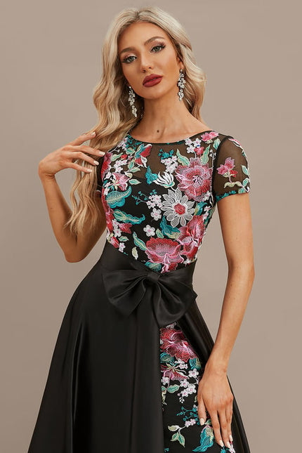 Robe Trapèze Noire Fleurie Satin Dentelle - gallery 1