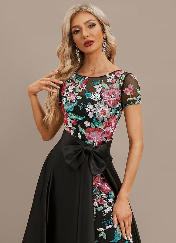 Robe Trapèze Noire Fleurie Satin Dentelle - gallery 1